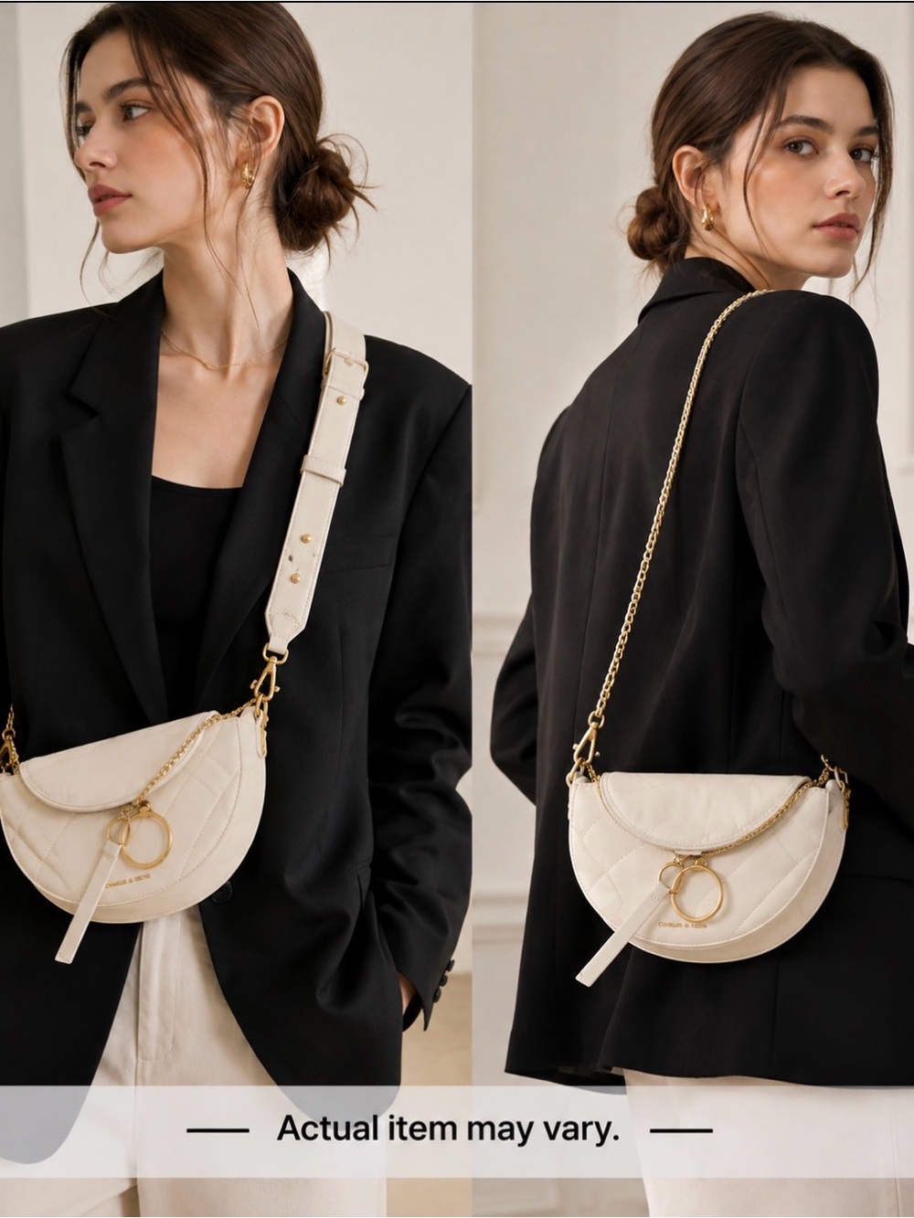 ✨Host pick✨ Charles & Keith Cream Quilted Half Moon Crossbody Bag Gold Chain